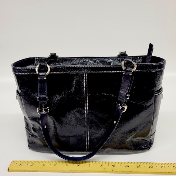 Coach Patent Leather Turnlock Tote Bag Black Violet Lined - Picture 2 of 11